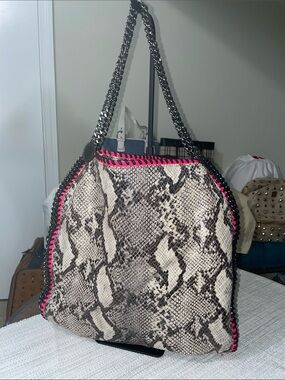 Stella McCartney iconic Falaballa Snake-Print Tote Bag with Neon Pink Trim